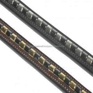 Black Brown Single Layer Thick Buffalo Leather Horse Brow <b>Band</b> with Decorative Metal Clincher & <b>Snap</b> Button Loop Closure - Product Image 1