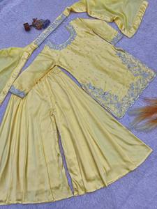 Ensemble Salwar Kameez traditionnel indien jaune 3 pièces en soie brodée avec dupatta, prêt-à-porter, séchage rapide, tenue de fête pour femme - Product Image 5