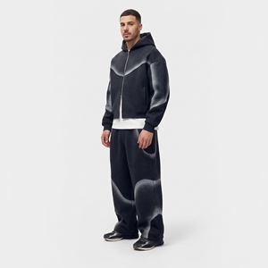 Ensemble de survêtement noir surdimensionné pour homme avec veste à capuche zippée à empiècements gris dégradés et pantalon de survêtement à jambes larges - Product Image 2