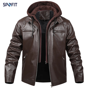 <b>Men's</b> Distressed Brown Genuine Leather Jacket with Attached Hood Real Leather Biker Jacket with <b>Fleece</b> Hoodie - Product Image 5