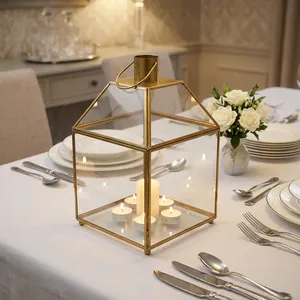 Irregular <b>Brass</b> <b>Lantern</b> with Glass Panels and Candle Holder Handmade Artisan Design for Wedding Table Decoration - Product Image 1