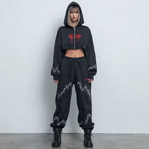 Mujeres Crop Distress bordado chándal Streetwear Jogger Sun Fad cremallera Sudadera con capucha y pantalones de chándal Crop Distress bordado chándal - Product Image 1