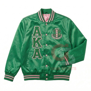 แจ็คเก็ตบอมเบอร์ผ้าซาตินสำหรับผู้หญิง แบรนด์ AKA รุ่นครอป สีเขียวชมพู สำหรับวิทยาลัยและ HBCU  พร้อมตัวอักษรภาษากรีก ป้องกันลม เหมาะสำหรับสวมใส่ในชีวิตประจำวัน - Product Image 1