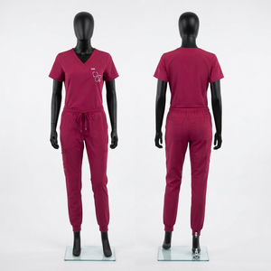 Ensemble de tenue médicale unisexe : Blouse à col en V et pantalon cargo, couleur bordeaux, en tissu toile coton-polyester, pour hôpital - Product Image 1