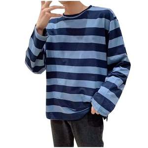 T-shirt rayé à manches longues pour homme, coupe décontractée oversize à col ras du cou et épaules tombantes, style streetwear, vente directe usine, meilleures ventes, OEM - Product Image 3