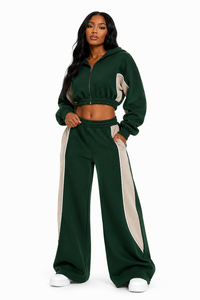 Ensemble de jogging en molleton épais à jambes larges avec panneaux contrastants personnalisés, gris foncé, comprenant un sweat à capuche court zippé, survêtement athleisure d'hiver pour femme - Product Image 5