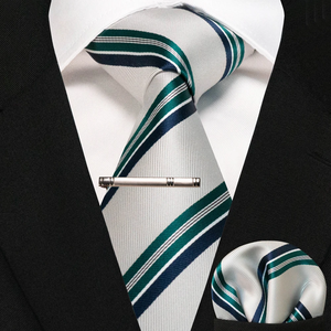 Business <b>Tie</b> for <b>Men</b> Silk <b>Navy</b> blue <b>Tie</b> striped Paisley Necktie Handkerchief <b>Tie</b> clips Set for Wedding Party Gift - Product Image 2