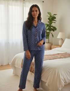 Ensemble pyjama deux pièces imprimé en jersey 100 % coton léger pour femme, taille élastique, boutonné, collection printemps, vêtements d'intérieur ODM - Product Image 3