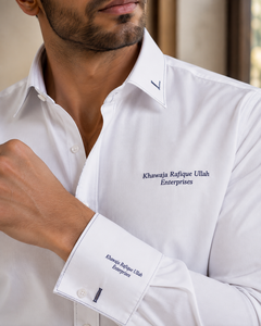 Chemise décontractée blanche pour homme Khawaja Rafique Ullah Enterprises, manches longues, col montant, infroissable, satinée, transfert thermique - Product Image 3