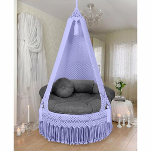 Periwinkle 72"X33" Macramé Hammock Chair Hanging Seat with Canopy Fabric Rope Woven Lounge <b>for</b> Indoor Outdoor Garden Bedroom - Product Image 1