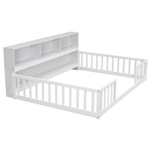 <b>White</b> Full Floor Bed with Side <b>Bookcase</b> Shelves & Guardrails - Product Image 5