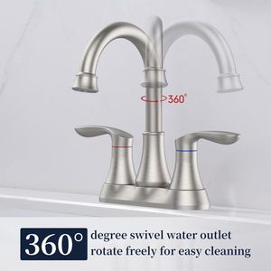 Rubinetti per lavabo bagno a due maniglie con beccuccio girevole ad arco alto a 360 gradi, interasse 4 pollici, finitura nichel spazzolato, scarico a scomparsa e tubi di alimentazione - Product Image 2