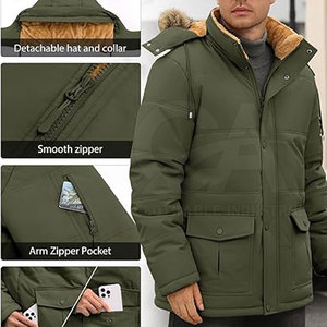 Veste d'hiver thermique pour homme avec logo personnalisé disponible en gros, directement de l'usine, manteau d'hiver pour homme avec capuche en fausse fourrure - Product Image 4