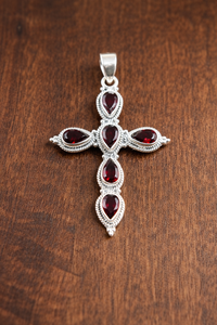 Pendentif en argent sterling 925 avec grenat rouge taille poire, fait main, croix chrétienne, bijoux religieux en argent, vente en gros - Product Image 4