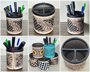 March Expo Panier à pinceaux de maquillage en cuir de vachette gravé à la main avec logo personnalisé, support de bureau portable pour stylos et crayons - Product Image 3