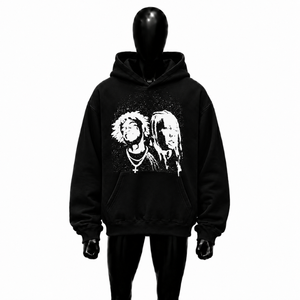 Sudadera con Capucha Negra Extra Grande para Hombre con Estampado de Retrato Blanco, Estilo Hip Hop, Diseño de Bolsillo con Logotipo Frontal, Corte Regular, 100% Algodón Felpa - Product Image 1