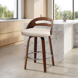 Tabouret de bar moderne en bois avec assise et dossier en cuir PU, repose-pieds, chaise de salle à manger de style mid-century - Product Image 5