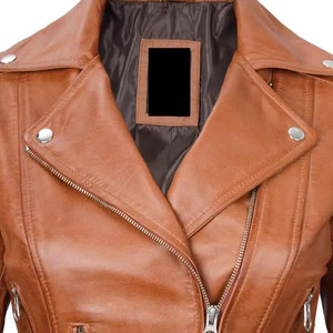 Chaqueta de Motociclista de Cuero de Oveja Marrón para Mujer, Manga Larga, Transpirable, Cierre de Cremallera, Cuello Camisero, Largo Regular - Product Image 2