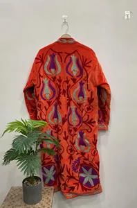 Chaqueta Larga de Terciopelo Naranja para Mujer, Estilo Bohemio Étnico, con Bordado Floral, Cuello Alto y Mangas Largas, para Invierno - Product Image 5