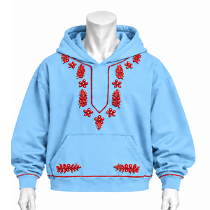 Sweat à capuche bleu ciel Indus brodé, motif floral, poche kangourou, décontracté, coupe oversize, streetwear, hiver - Product Image 1