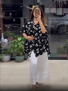 Button-<b>down</b> with bold floral prints Short and relaxed printed top and matching palazzo <b>pants</b> Heavy Fox Georgette Loose and flowy - Product Image 6