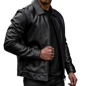 Blouson streetwear homme noir en cuir véritable, col montant, fermeture éclair avant, poignets à boutons-pression, coupe décontractée, vêtement d'extérieur d'hiver haut de gamme et personnalisé - Product Image 3