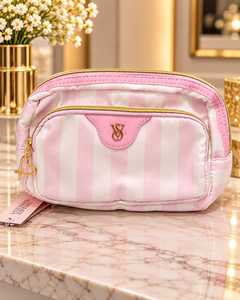 Bolsa de cosméticos de viaje a rayas rosas con cremallera, bolsa de maquillaje de gran capacidad, organizador de artículos de tocador de estilo de diseñador para mujer - Product Image 3