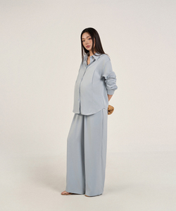 Nouvel ensemble long 2 pièces en soie mélangée tissée pour femme enceinte, col chemise, manches longues, haut uni décontracté et respirant pour l'allaitement estival - Product Image 3