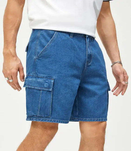 Shorts en jean délavé foncé pour homme, taille haute, coupe droite, décontracté, été, tissu en coton tissé avec poches - Product Image 2
