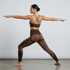 Women Brown <b>Racerback</b> Sports <b>Bra</b> High Waist Full Length Leggings Yoga Set Seamless Four-Way Stretch Activewear - Product Image 5