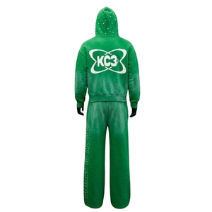Custom Men's Green Acid Wash Rhinestone Hoodie Tracksuit Set Full <b>Zip</b> <b>Hooded</b> Sweatshirt & Wide Leg Sweatpants Casual Streetwear - Product Image 4