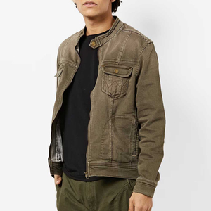 Veste en jean en coton vert olive pour homme, coupe classique, fermeture éclair, style décontracté, couleur unie, poches, détails surpiqués, vêtement d'automne - Product Image 1