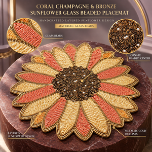 Set de table tournesol en verre bronze perlé, motif corail, résistant à la chaleur, écologique, fait main, pétales superposés, bordure dorée métallique - Product Image 5