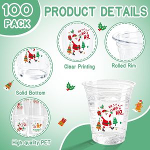 Confezione da 100 Bicchieri di Plastica Trasparenti Usa e Getta per Feste Natalizie 12oz con Design Natalizio Albero di Natale Omino di Pan di Zenzero Babbo Natale - Product Image 3