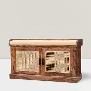 Sheesham Wood Shoe Rack with Cane Doors, Cushioned Top <b>Seat</b>, Honey Matt Lacquer Finish, 105x35x60 cm, Traditional - Product Image 3