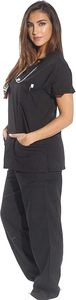 Ensemble de blouses médicales EVERGLIDE de qualité supérieure pour femmes, col en V, manches courtes, noir, uniforme d'infirmière d'hôpital, pantalon de jogging multi-poches - Product Image 1