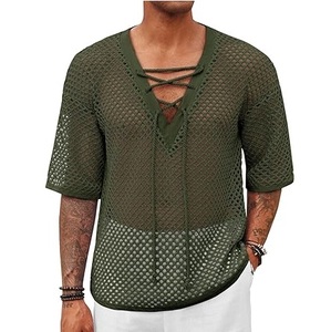T-shirts et Blouses pour Hommes OEM Personnalisés de Bonne Qualité, à Épaules Tombantes, Effet Usé, en Maille Filet Transparente, Coupe Droite, Manches Courtes Côtelées - Product Image 1