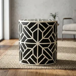 Mesa Auxiliar de Madera Hecha a Mano con Incrustaciones de Hueso, Patrón Geométrico, Mueble Decorativo para Sala de Estar o Dormitorio - Product Image 3