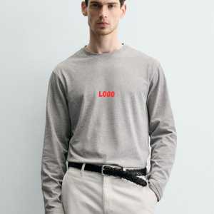 Camiseta de Manga Larga Informal para Hombre, Color Gris Jaspeado, Tejido |   Camiseta Básica de Cuello Redondo 100% Algodón |   OEM/ODM Venta al por Mayor en Blanco |   Antipilling - Product Image 5