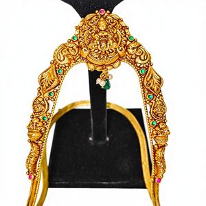 Joyería de templo Lakshmi de oro macizo de 22k, brazalete de oro amarillo auténtico, Bajuband Vanki, joyería nupcial tradicional del sur de la India para mujeres. - Product Image 1