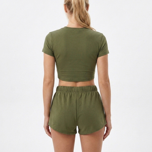 New Style Summer 100% Cotton Solid Casual Women's 2-Piece Crop T Shirt and Shorts <b>Set</b> Breathable Women <b>Twin</b> <b>Set</b> - Product Image 3