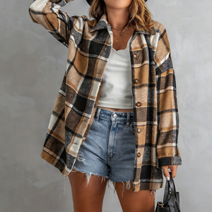 Oferta especial en Temu: Chaqueta camisa a cuadros de moda para mujer, manga larga, con botones, cuello de solapa, corte holgado, para uso diario. - Product Image 4