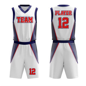 Ensemble d'uniformes de basketball personnalisés par sublimation pour équipe 12, blanc, rouge, bleu, maillot sans manches col en V, short, anti-humidité, adulte unisexe - Product Image 1