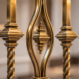 Rampe d'escalier en métal bronze décoratif avec balustres torsadés et motif central elliptique décoratif pour intérieur de luxe - Product Image 2