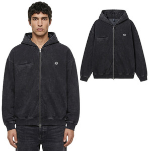 เสื้อฮู้ดดี้ผู้ชายผ้าฝ้ายฟลีซสีดำล้างสี ซิปหน้า ทรงโอเวอร์ไซส์ มีกระเป๋าหน้าอก สไตล์สตรีทแวร์ รับผลิตตามสั่ง - Product Image 1