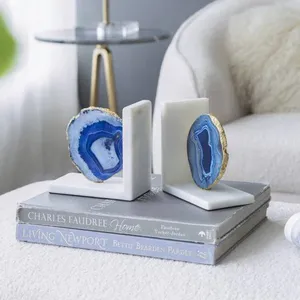 Luxury Natural Blue Agate Marble Bookends Gold Edged Crystal Stone Geode <b>Book</b> Ends Holder for Home Office <b>Study</b> Decor - Product Image 1