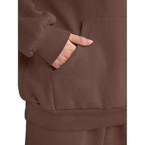 Ensemble survêtement décontracté 2 pièces pour femme : sweat à capuche marron et pantalon de jogging en molleton, coupe ample, manches longues, couleur unie - Product Image 5