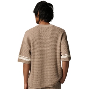 Camiseta de punto de ganchillo con rayas en contraste, color marrón, manga corta, tejido texturizado, informal de verano, transpirable, cuello redondo. - Product Image 5