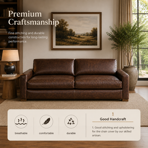 Premium Midcentury Modern Leather <b>Sofa</b> Bed Two Seat Solid Wood Legs Back Boxy Arm Living Room Hotel Lounge Villa - Product Image 5