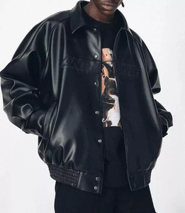 Chaqueta de Cuero Genuino para Hombre con Logotipo en Relieve 3D, Cuello Byron, Botones a Presión, Chaqueta Bomber de Cuero Extra Grande, Elegante para el Invierno - Product Image 6